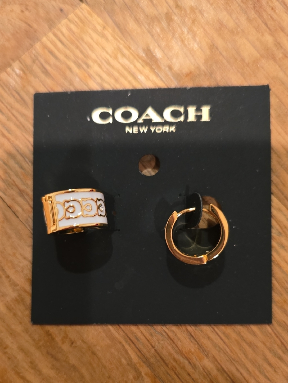 Coach Gold-Tone and White Hoop Earrings & Dustbag - Picture 3 of 5
